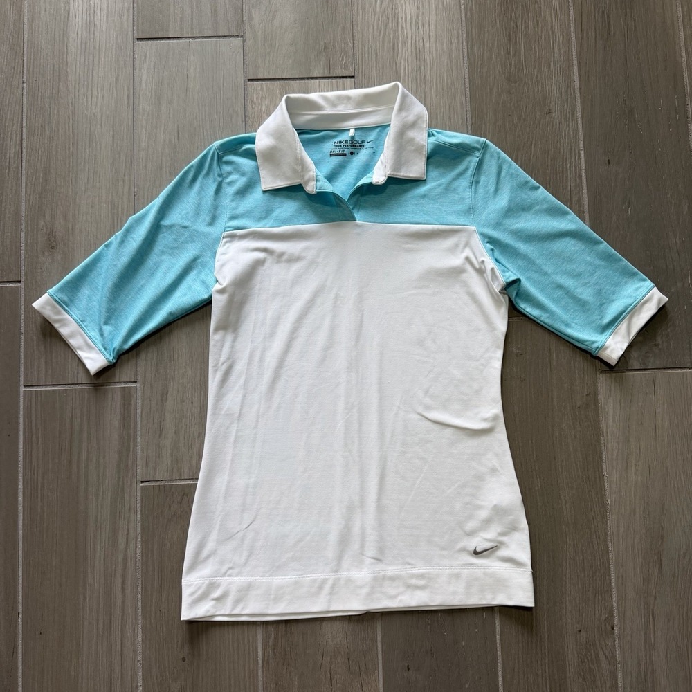 Nike Golf Size S‎ Dri Fit Tour Performance Polo Shirt White Blue Womens Preppy